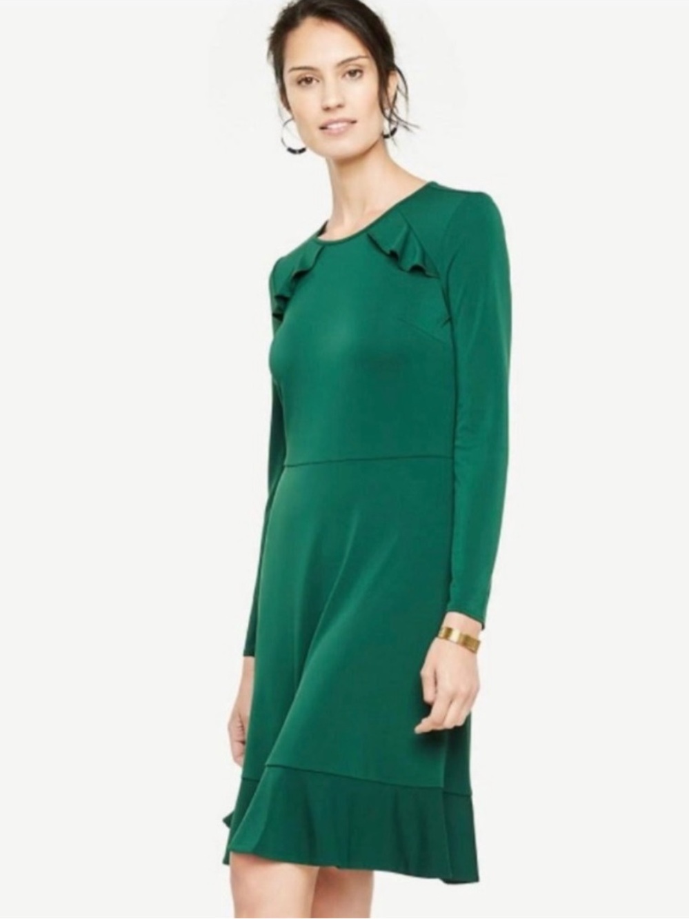 Ann Taylor 0 Green Ruffle Shoulder Hem Long Sleeve Back Zip Jersey Dress